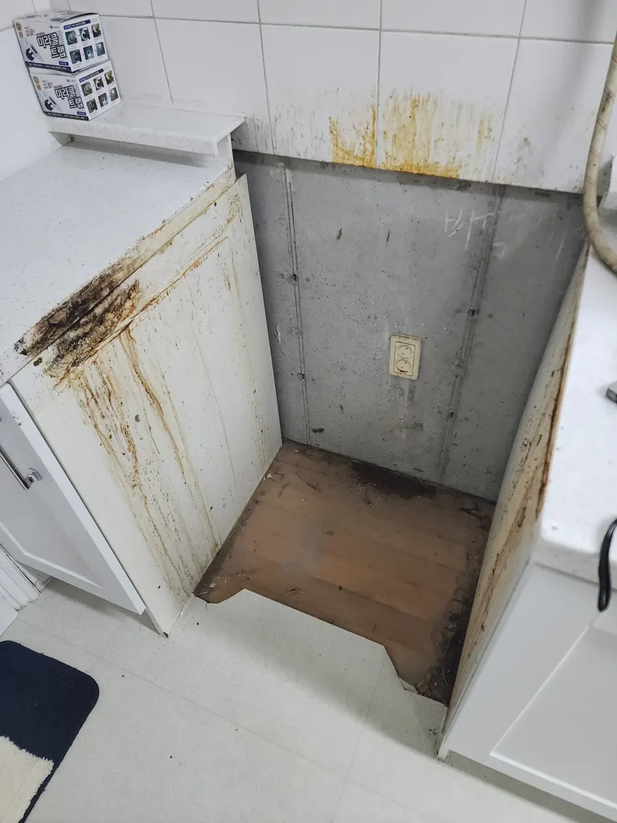 가스오븐레인지 철거 후 하부장 — 가스오븐레인지를 뺀 자리